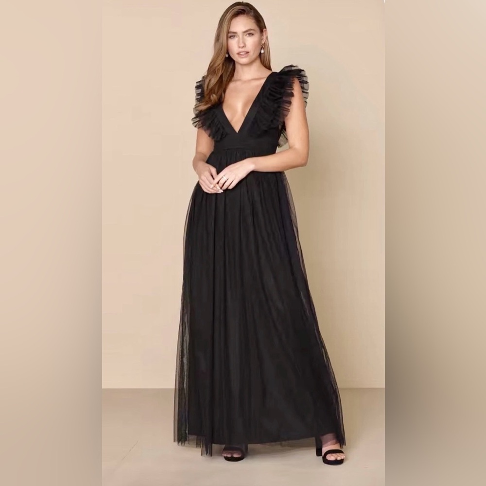 NWT LULUS SZ LG BLACK Mesh Ruffled Backless Maxi Dress
